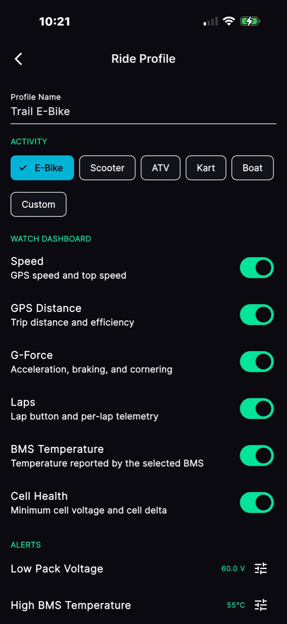 MultiBMS Ride Profile settings showing speed, distance, G-force, laps, BMS temperature and cell health