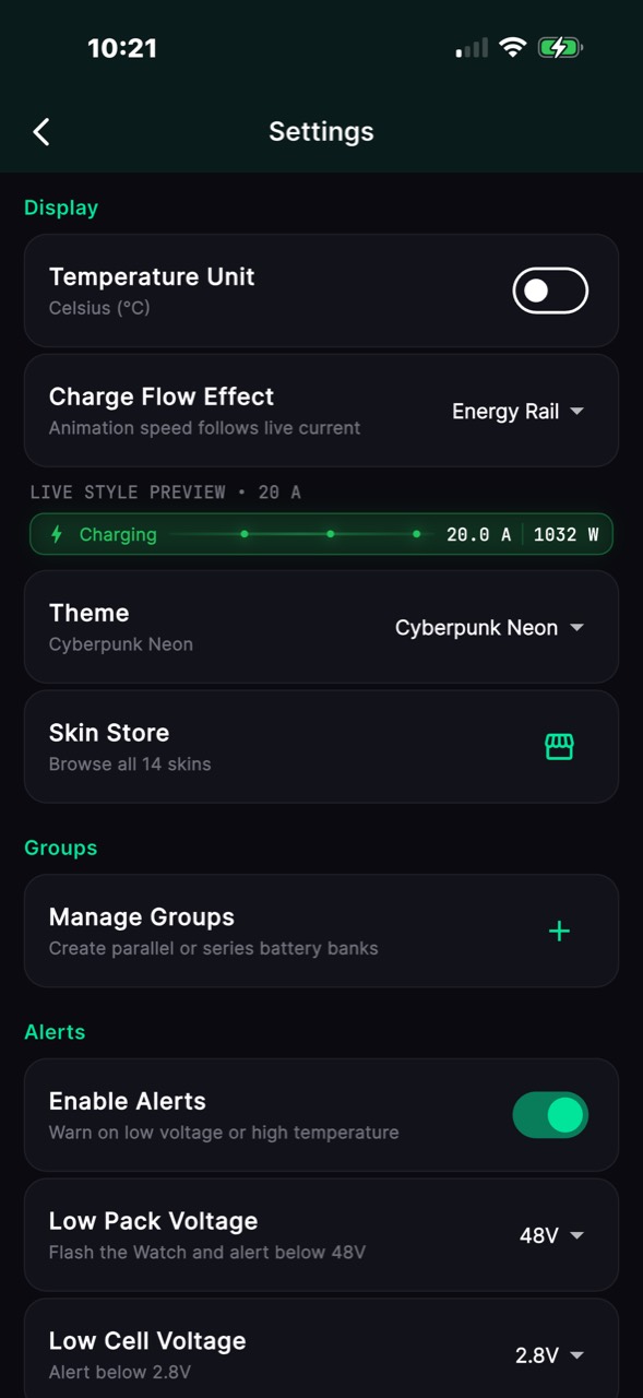 MultiBMS settings with charge effect, theme, groups and alerts